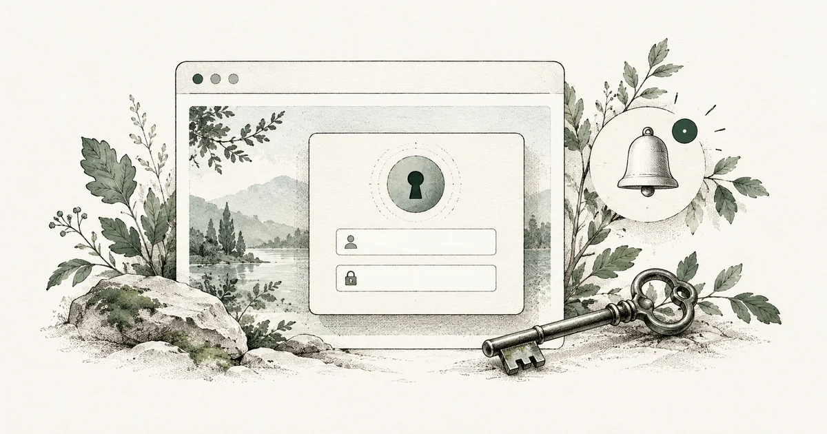 A browser window with an authentication card, key, and notification bell.