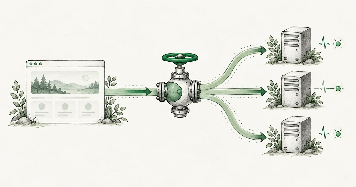 A branching load balancer distributes browser traffic across three healthy servers.