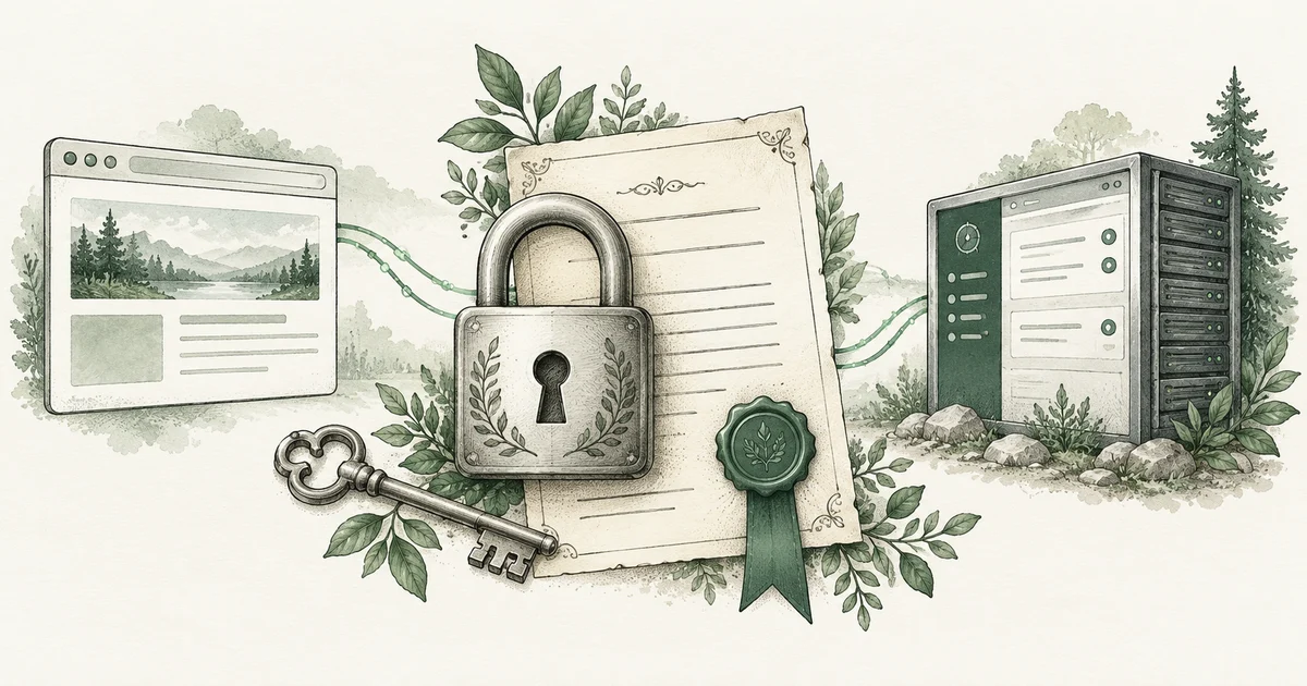 A padlock and sealed certificate secure the connection between a browser and server.