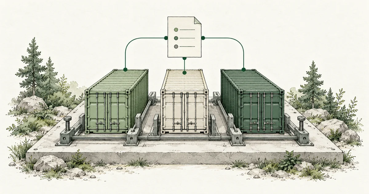 Three modular containers assembled on a shared foundation and linked to one configuration sheet.