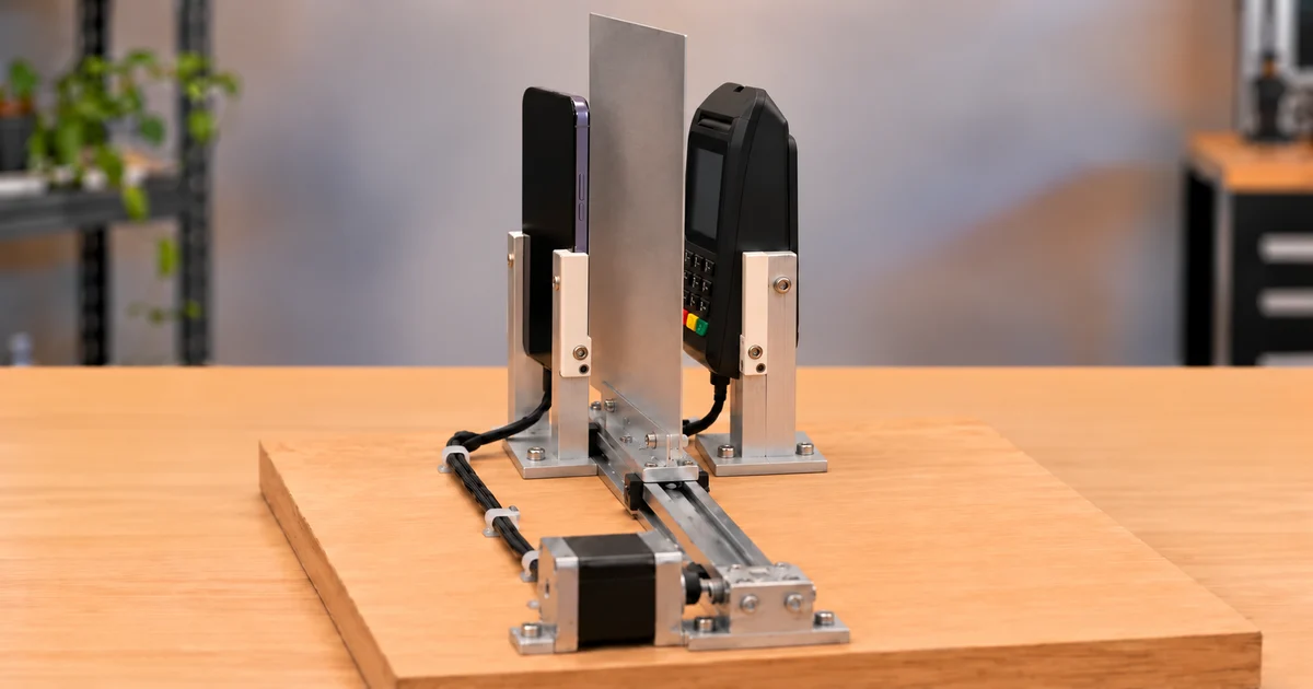 A fixed phone with its back facing the front of a payment terminal, separated by a metal shield on its own linear slide.