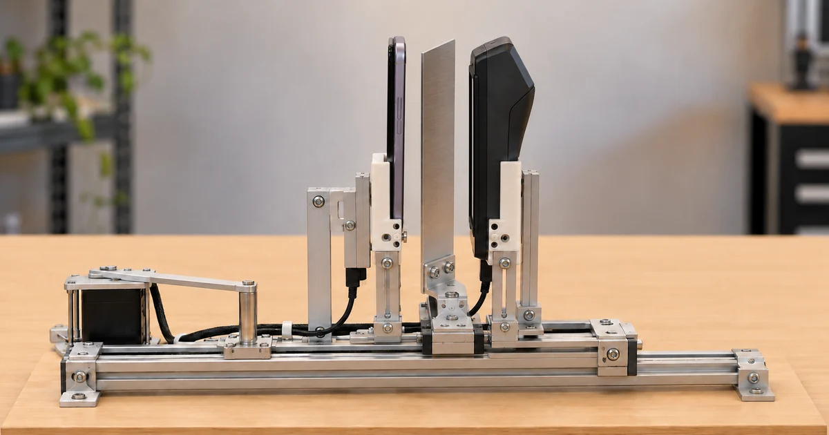 AI-generated photographic reconstruction of a phone and payment terminal test jig with a metal shield secured to a sliding carriage between the devices.
