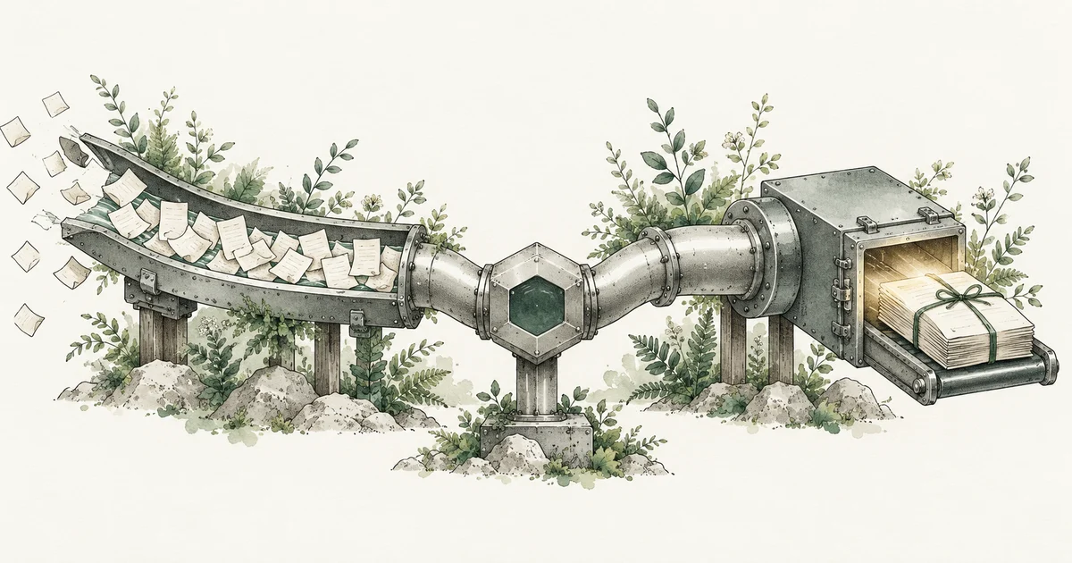 A forked process pipeline contrasts a stream of output with a completed document bundle.