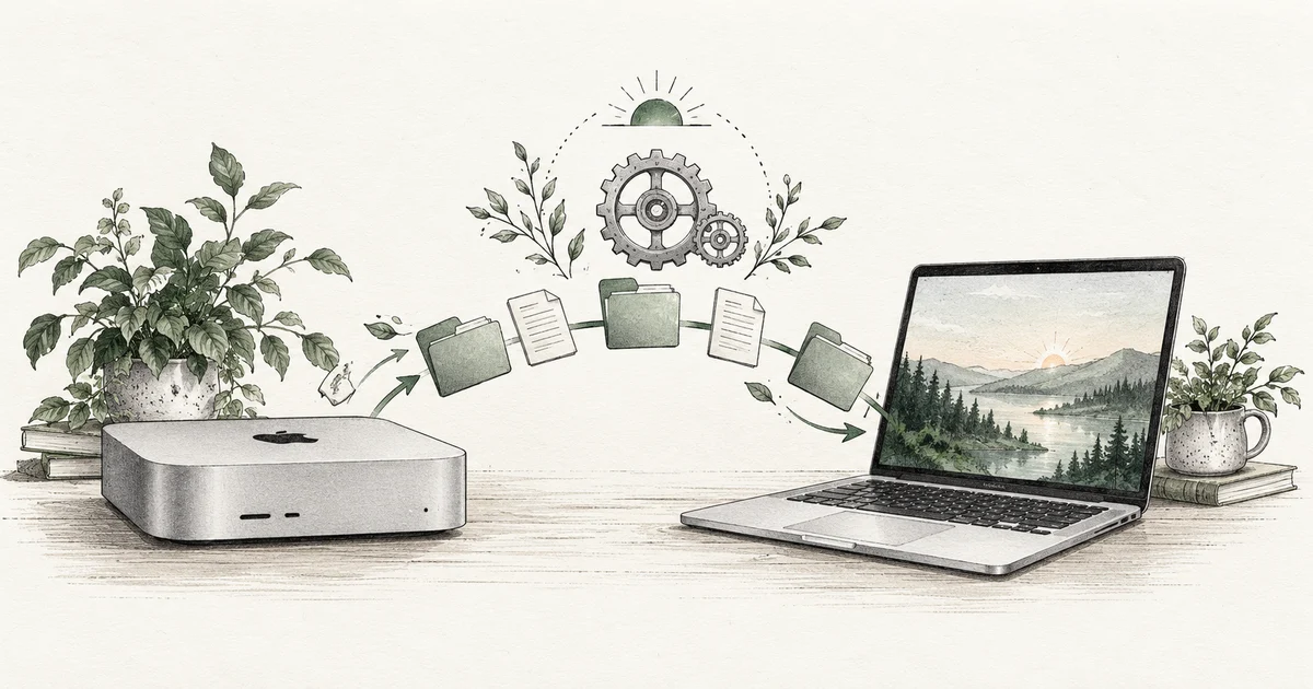Folders travel between a Mac and laptop beside a clockwork symbol for automatic startup.