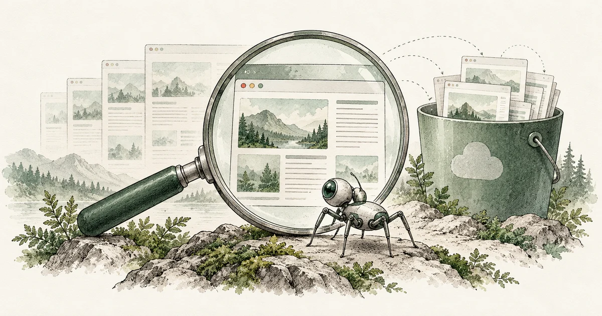A magnifying glass and search crawler reveal a web page beside a storage bucket.