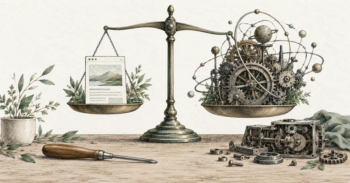 A balance scale compares a simple web page with an elaborate collection of gears.