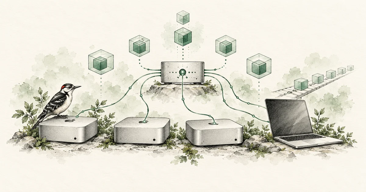 A woodpecker perched on a Mac mini, with Mac workers connected to a CI scheduler beneath floating container cubes.
